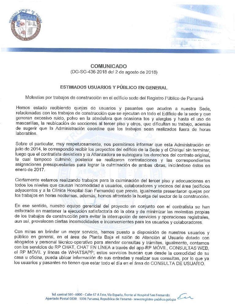molestias por trabajos de construcción en el edificio sede del registro